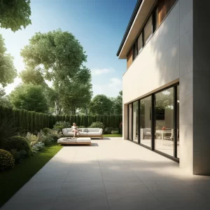 Modern Home with Large-Format Tiles: Showcasing a sleek, seamless design with natural stone finish.
