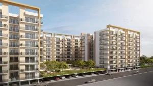 Wave SwaCompact and modern living room interior design by Tanasha Interior for a 2 BHK flat at Wave Swamanorath, Ghaziabad, highlighting smart storage solutions and minimalist furniture.manorath Interior Design