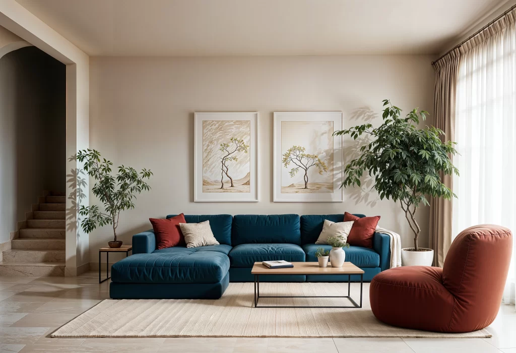 A modern and sophisticated living room with a neutral color palette, designed by Tanasha Interior for a residential project in Eligo Wave City.